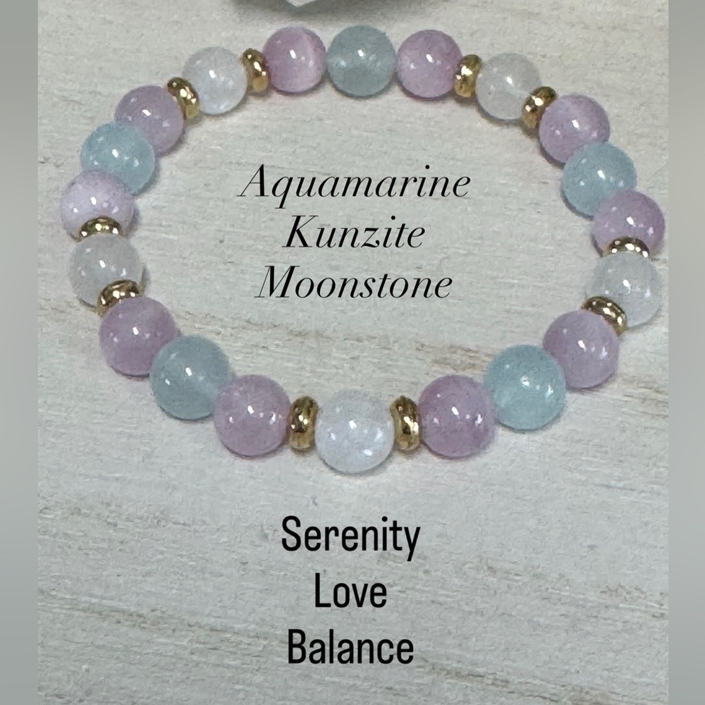 Aquamarine Kunzite Moonstone Gemstone Stretch Bracelet 8mm